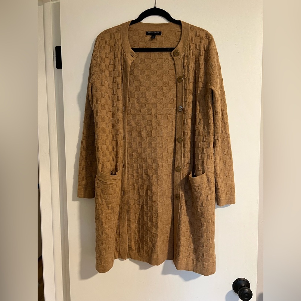 Banana Republic Camel Long Gingham Pattern Cardigan